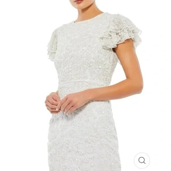 Mac Duggal 10827 White Floral Flounce Sleeve Midi Dress Sequins Beads Size 6 NEW - Picture 2 of 9